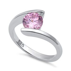 New Sterling Silver Round Bezel Pink CZ Ring